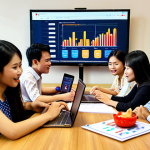 **Image Prompt:** A diverse group of Vietnamese people gathered around a table, some using laptops and smartphones, others chatting animatedly. A large screen displays charts and graphs analyzing customer feedback data. The overall feeling is collaborative and focused on understanding customer needs in the Vietnamese market. The background could feature elements like the Vietnamese flag or iconic Vietnamese landmarks subtly.