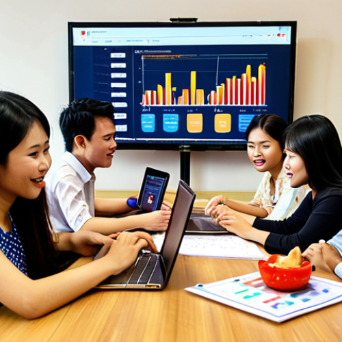 Home 4 **Image Prompt:** A diverse group of Vietnamese people gathered around a table, some using laptops and smartphones, others chatting animatedly. A large screen displays charts and graphs analyzing customer feedback data. The overall feeling is collaborative and focused on understanding customer needs in the Vietnamese market. The background could feature elements like the Vietnamese flag or iconic Vietnamese landmarks subtly.