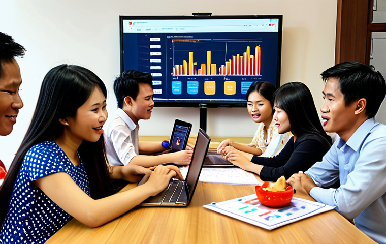 **Image Prompt:** A diverse group of Vietnamese people gathered around a table, some using laptops and smartphones, others chatting animatedly. A large screen displays charts and graphs analyzing customer feedback data. The overall feeling is collaborative and focused on understanding customer needs in the Vietnamese market. The background could feature elements like the Vietnamese flag or iconic Vietnamese landmarks subtly.