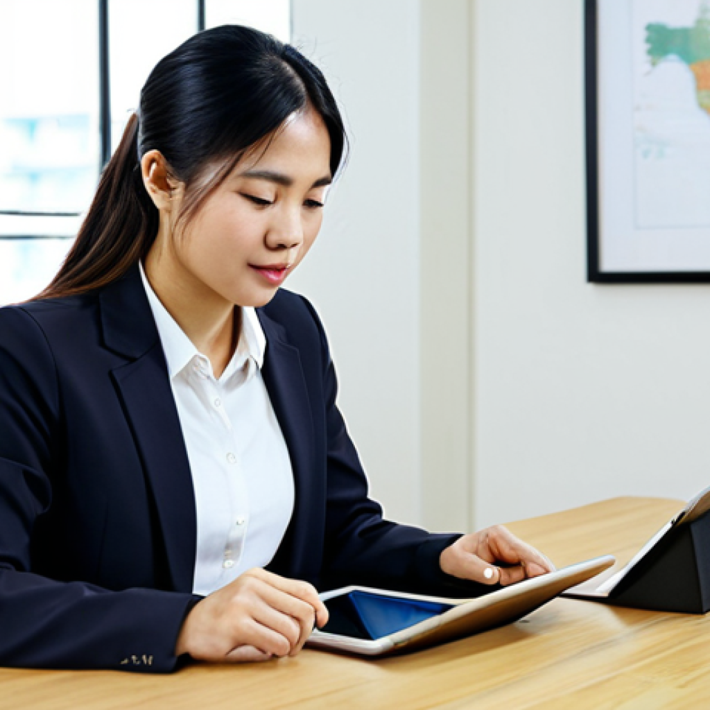 A focused Vietnamese female business professional, fully clothed in a modest, dark blazer and light blouse, is meticulously documenting customer feedback on a sleek tablet. Her well-formed hands are gently typing, with a detailed notebook open beside her on a clean, modern wooden desk. The background features a bright, organized office space in a contemporary Vietnamese setting, with subtle hints of local artistry in the decor. The atmosphere is professional and diligent.
* **Safety**: safe for work, appropriate content, fully clothed, modest clothing, family-friendly.
* **Anatomy**: perfect anatomy, correct proportions, natural pose, well-formed hands, proper finger count, natural body proportions.
* **Quality**: professional photography, high quality, realistic, detailed, high resolution, studio lighting.