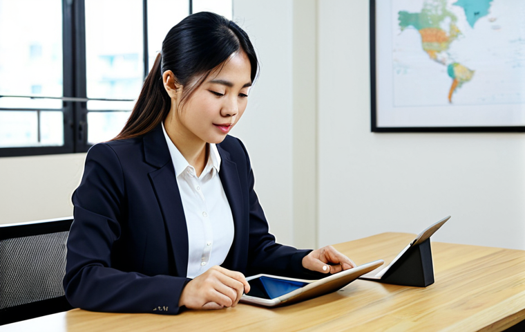 A focused Vietnamese female business professional, fully clothed in a modest, dark blazer and light blouse, is meticulously documenting customer feedback on a sleek tablet. Her well-formed hands are gently typing, with a detailed notebook open beside her on a clean, modern wooden desk. The background features a bright, organized office space in a contemporary Vietnamese setting, with subtle hints of local artistry in the decor. The atmosphere is professional and diligent.
* **Safety**: safe for work, appropriate content, fully clothed, modest clothing, family-friendly.
* **Anatomy**: perfect anatomy, correct proportions, natural pose, well-formed hands, proper finger count, natural body proportions.
* **Quality**: professional photography, high quality, realistic, detailed, high resolution, studio lighting.