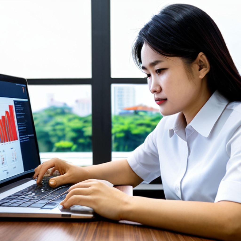 Market Research Insight**
A fully clothed businesswoman in modest, professional attire (Áo dài cách tân acceptable) is analyzing data on a laptop in a modern Ho Chi Minh City co-working space. Charts and graphs displaying Vietnamese consumer trends are visible on the screen. Focus on her thoughtful expression as she considers the information. Safe for work, appropriate content, perfect anatomy, correct proportions, natural pose, professional quality.
**