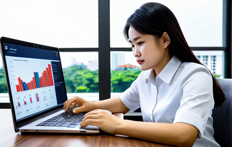 Market Research Insight**
A fully clothed businesswoman in modest, professional attire (Áo dài cách tân acceptable) is analyzing data on a laptop in a modern Ho Chi Minh City co-working space. Charts and graphs displaying Vietnamese consumer trends are visible on the screen. Focus on her thoughtful expression as she considers the information. Safe for work, appropriate content, perfect anatomy, correct proportions, natural pose, professional quality.
**