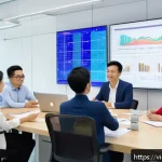 Home 23 시장 조사와 고객 니즈 리서치의 차이점 - A modern Vietnamese business team in a bright, spacious office, engaged in a detailed market researc...